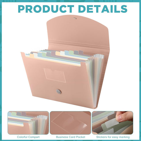 Cholemy Expanding File Folder, 13 Pockets, A4 Letter Size Receipt Document Organizer, Plastic Expandable, Pink