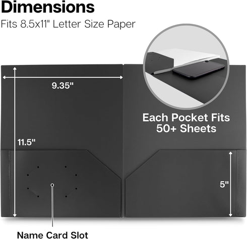 Dunwell Plastic Folders with Pockets (Black, 3 Pack), Durable Acid-Free Poly 2 Pocket Folders for School or Office