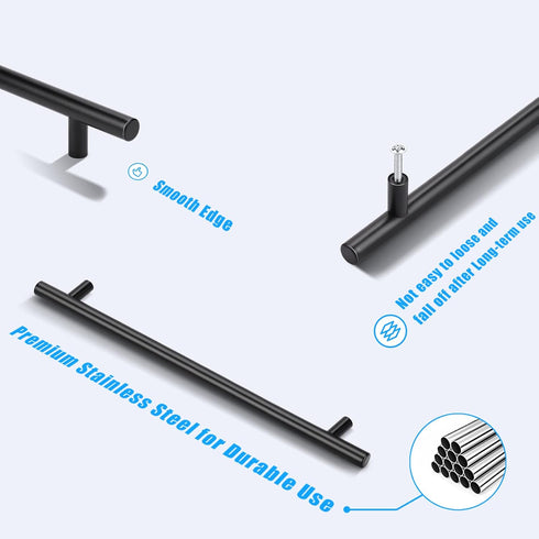 KNOBWELL 6 Pack 10" Black Cabinet Handles, Euro Style Stainless Steel Modern Long Kitchen Door Pulls