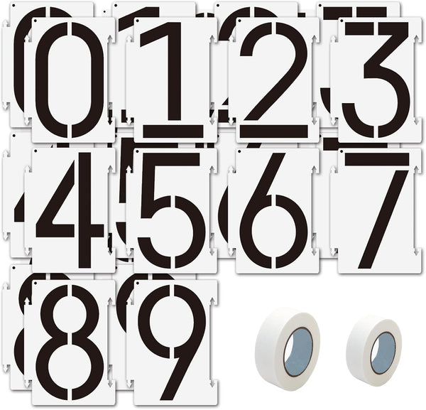 5 inch Number Stencils, 20PCS 0-9 Address Curb Stencil Kit, Reusable Plastic Interlocking Stencils with Masking Tape