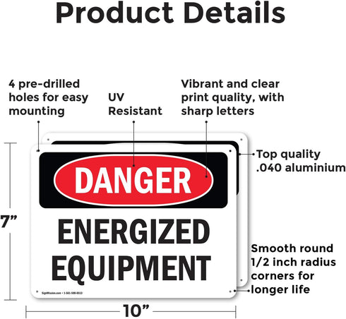 (2 Pack) Energized Equipment OSHA Danger Sign - 10 Inch X 7 Inch Rust-Free Aluminum Metal Signs