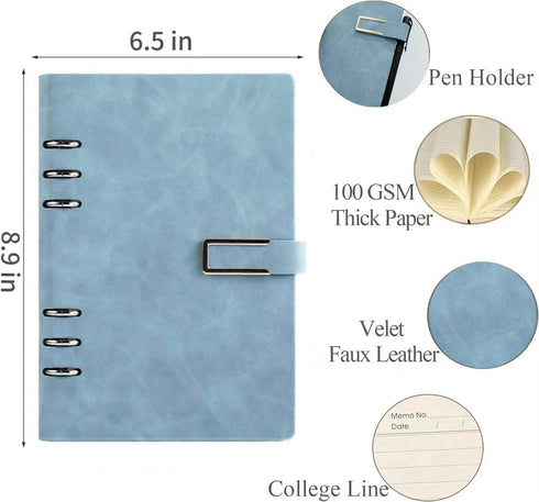 Leather Journal Refillable Notebook - A5 Binder 6 Ring, Thick Lined Journal Ruled Notebook for Women Men Work Office School Writing, Magnetic Buckle Closure, 6.5" x 8.9", Blue
