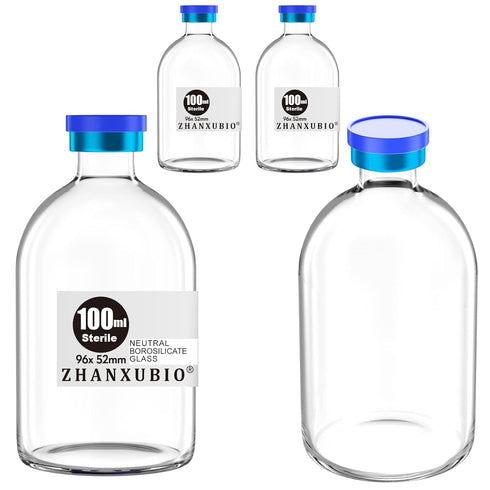 Sterile Empty Vials with Self Healing Injection Port, Aluminum Plastic Cap, 100ml Clear, 4PCS