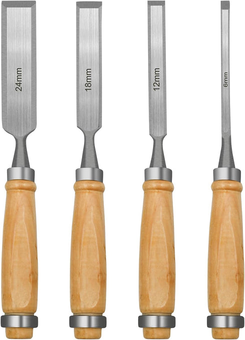 Professional Wood Chisel Set, 4 Piece CR-V Steel Chisel Set for Woodworking and Wood Carving, Includes 6mm, 12mm, 18mm,
