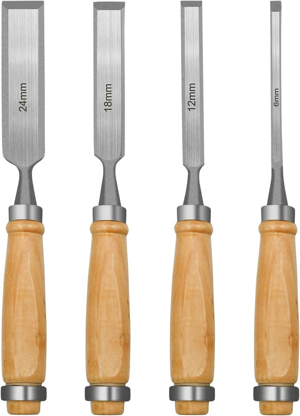 Professional Wood Chisel Set, 4 Piece CR-V Steel Chisel Set for Woodworking and Wood Carving, Includes 6mm, 12mm, 18mm,