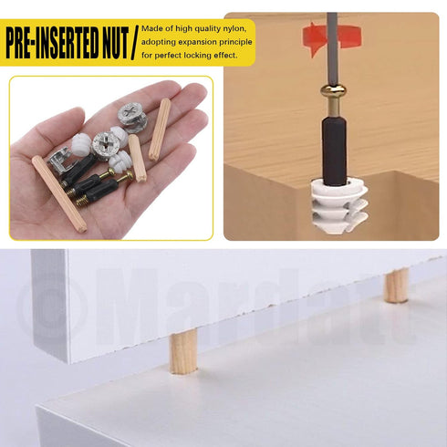 270Pcs 3 in 1 Furniture Connecting Kit with Wood Dowel Pins, Nickel Plated Cam Lock Nuts, Screws, Bolts