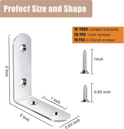 18-Pack 2 inch L Shape Corner Brackets, Stainless Steel Metal Angle Braces for Wood Furniture, Heavy Duty Black Shelf