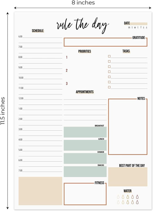 Rule The Day Daily Planner Pad - 8" x 11.5" Sticky Note Fill in Task Tracker, Unique Boho Design, Earth Tone