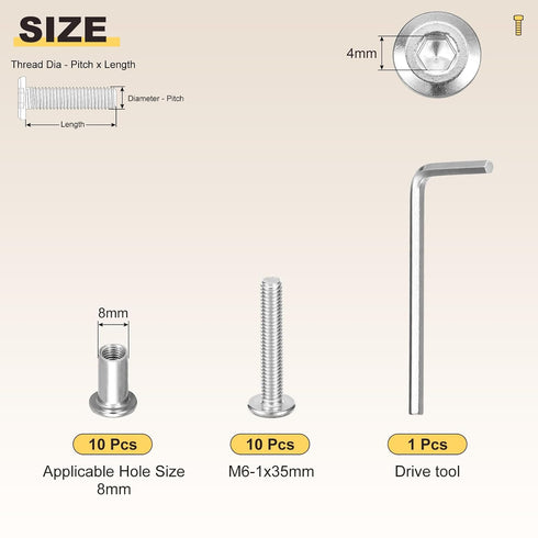 METALLIXITY Set Wrench(M6-1x35mm) 20Pcs, M6 Furniture Crib Screws Replacement with Connector Bolts Screw Barrel Nuts