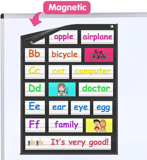 Auchq Magnetic Pocket Chart, Standard Pocket Chart with 7+1 Pockets, 14 Double-Sided Dry-Eraser Cards for Classroom