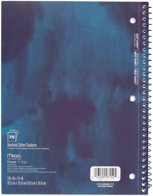 Mead Spiral Notebooks, 1 Subject, College Ruled, 70 Sheets, 10-1/2" x 7-1/2", Shape It Up, Design May Vary, 3 Pack