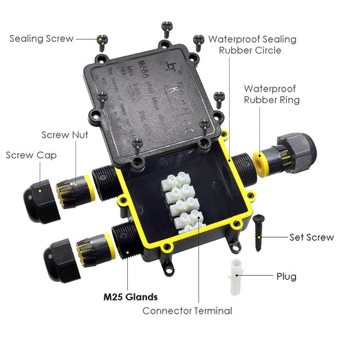 IP68 Waterproof Junction Box, 3-Way Outdoor Cable Connectors with 3 Cable M25 Gland Wire Connector, Black