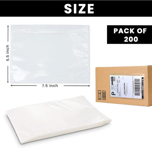 Shipping Label Sleeves 200Pcs, 7.5x5.5 Inches - Packing Slip Envelope Pouches with Self-Adhesive Peel & Seal - Clear Plastic & Waterproof Envelopes Ideal for Invoices & Packaging by SLIPISH