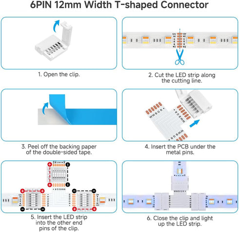 6Pin 12mm 6 60LED/m BTF-LIGHTING SMD LED Connector Kit Pin L Splitter Right Angle Corner,T Shape,Solderless Gapless
