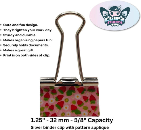 Fun Strawberry Print Binder Clips, 1 1/4"" Size, Set of 6, Red, Pink, Silver by Clipz Studio