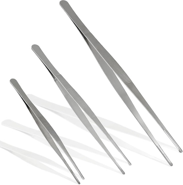 3Pcs Stainless Steel Tweezer Set, Long Precision Tweezers with Serrated Tips for Cooking and Repairing