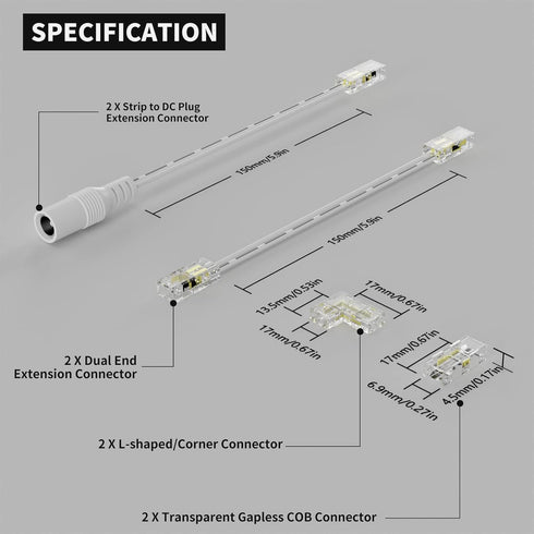 PAUTIX 5mm Connectors for 2-pin COB LED Strip Light, 2pcs Gapless and L-Shaped Connectors