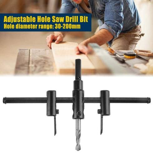 Adjustable Circle Hole Saw Drill Bit Set, Cutter 30-200mm, Heavy Duty Wood DIY Woodworking Tool, Black