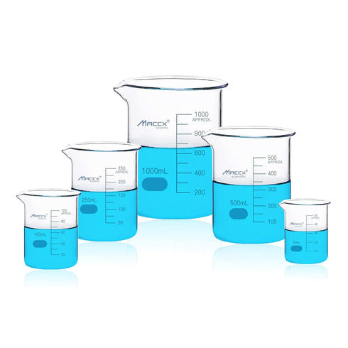 Sturdy Glass Beakers, 5 Sizes of 50ml 100ml 250m 500ml 1000ml,3.3 Borosilicate Griffin Low Form with Printed Graduation, BKLS02-005