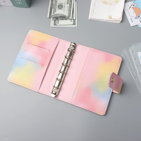 Pink PU Leather Budget Binder Cover, A7 6-Ring Money Organizer, Refillable Loose Leaf Notebook