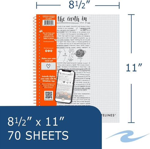 ROARING SPRING Whitelines Spiral Graph Ruled Notebook, Digitally Download Your Notes with FREE App, Premium Gray Paper, 11" x 8.5" 70 Sheets by ROARING SPRING
