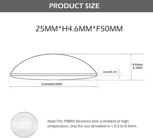 25mm 50mm Pack 5pcs (25mm H4.6mm F50) Double Convex Lens - Diameter, Focal Length, Optical biconvex Lens for Physics