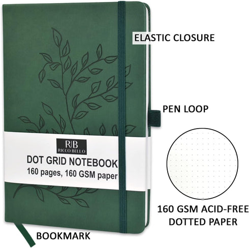 RICCO BELLO Green Leaves Hardcover Dot Grid Bullet Journal, Lay Flat Design, 5.7 x 8.4 inches, 160 Pages, 160 gsm