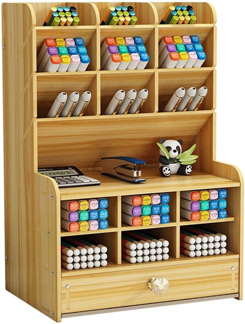 Wooden Desk Organizer with Drawer, Large Capacity DIY Pen Holder Storage Box, Caddies for Office, Home and School