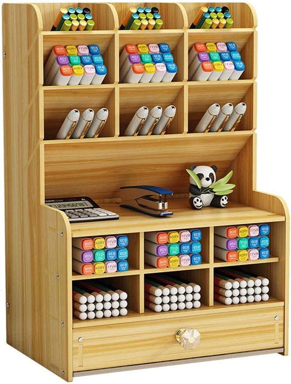 Wooden Desk Organizer with Drawer, Large Capacity DIY Pen Holder Storage Box, Caddies for Office, Home and School