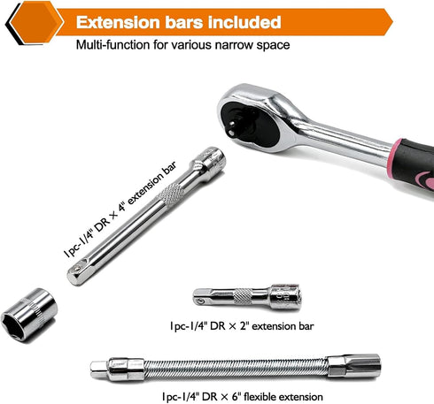 46 1/4 inch Set, Set Egofine Pieces Drive Socket Ratchet Wrench with Bit Socket Metric and Extension Bar for Auto