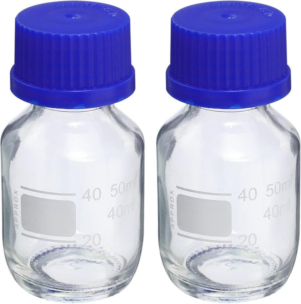 PATIKIL 50mL Reagent Media Bottle, 2Pcs Round Graduated Glass Storage Bottle with Blue Screw Cap