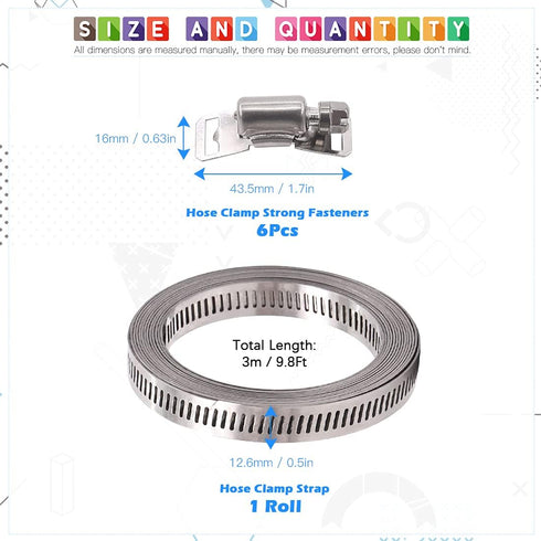 Glarks 7Pcs 10 Feet Long Worm Gear Hose Clamp with Fasteners, 304 Stainless Steel Large Adjustable Pipe Clamps with 6Pcs Fasteners for Ductwork, Pole Securing and Strapping (10 FT Strap +6 Fasteners)