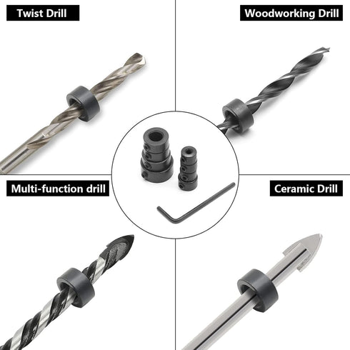 8Pcs Drill Bit Depth Stop Collar Set - Includes 1/8", 5/32", 13/64", 15/64", 5/16", 25/64", 15/32", 5/8"