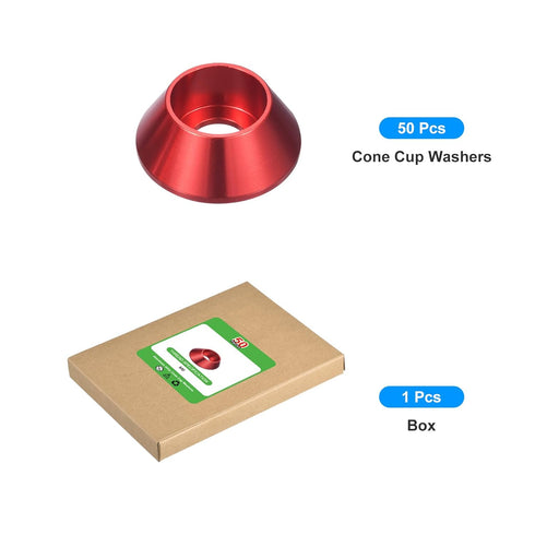 uxcell M6 Cone Cup Countersunk Washers, 50 Pcs Anodized Aluminum Gaskets for Mechanical Accessories Parts, Red.