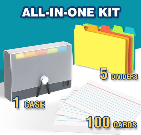 H4D 3x5 100 Index Card Case with Heavyweight Ruled Index Cards and Dividers, Black