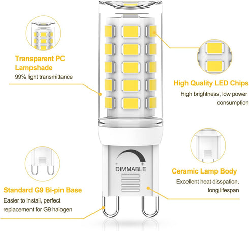 YUIIP G9 LED Bulb Dimmable, 4W, 5000K Daylight White, Pack of 6, AC 120V G9 Bi Pin Base