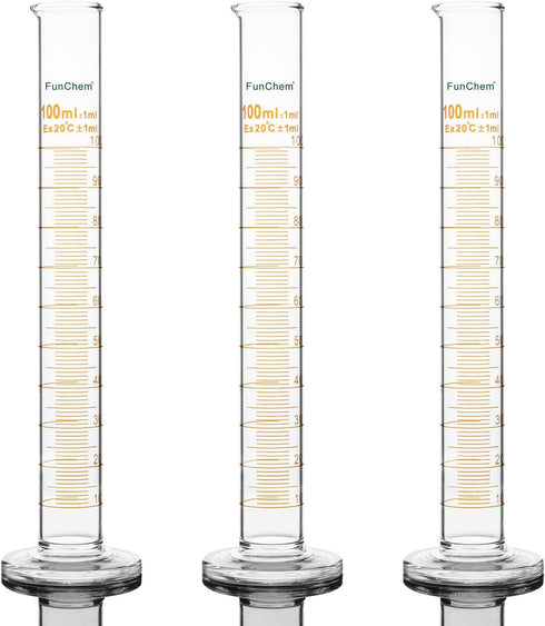 3-Pack Borosilicate Glass Graduated Cylinder - Measuring Cylinder, 100 ml