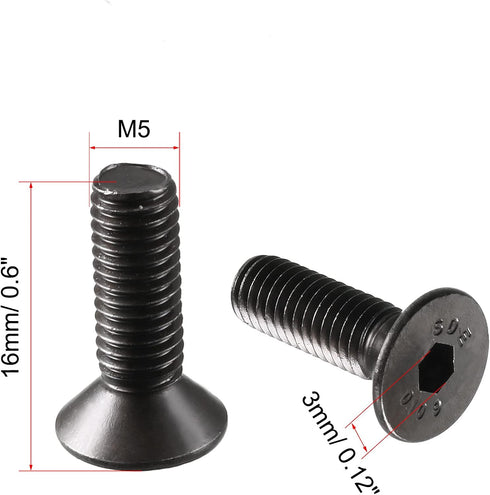 uxcell M5 x 16mm Metric Hex Socket Countersunk Head Screw Bolts, Black, 50PCS