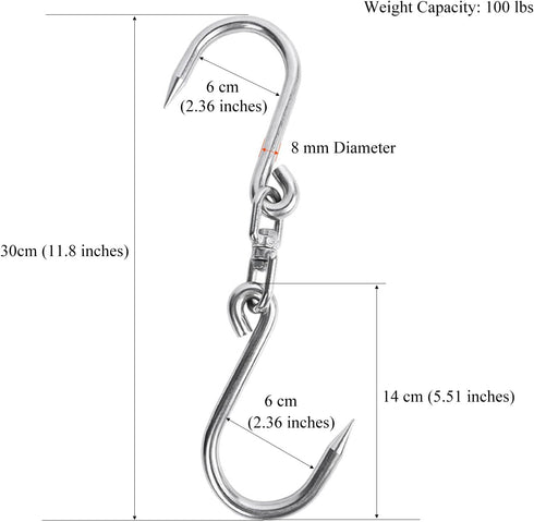 SATONBEYI 1pcs 11.8 Inches 8mm Swiveling Meat Hooks for Hanging, Stainless Steel Butcher Hook Heavy Duty Meat