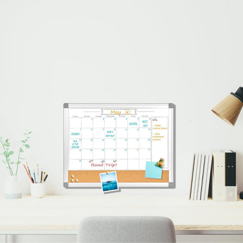 Upgraded Monthly Calendar Dry Erase White Board & Cork Bulletin Board, 13" x 17" Aluminum Frame, Organizing Space