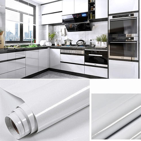 15.8"X78.7" Glossy Self-Adhesive Removable Wallpaper, White Vinyl Contact Paper for Countertops, Cabinets