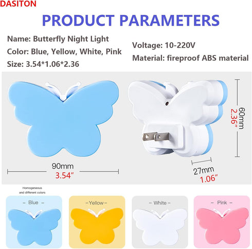 (2 DASITON White Butterfly Night Light Plug Into Wall, Auto Dusk to Dawn Smart Sensor Night Light, Suitable for Living