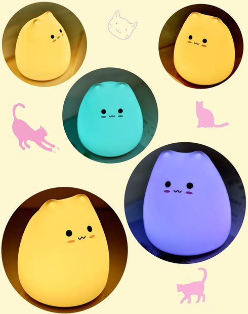 7-Color LED Cat Night Light, Battery Powered Night Light for Kids, Silicone Multicolor Cute Lamp with Warm White