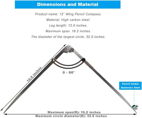 ZLKSKER 12 inch Professional Woodworking Compass with Pencil Holder for Carpenter and Drafting