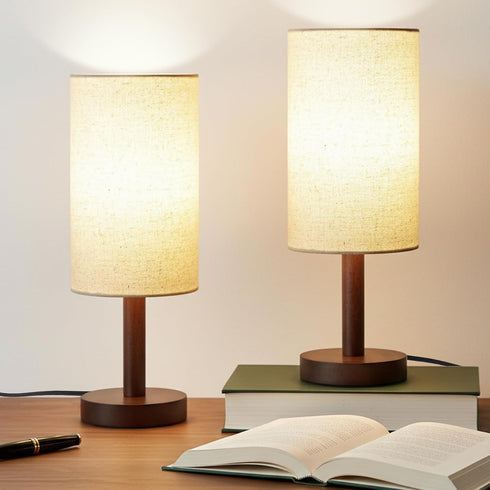 LALISU Small Table Lamp Nightstand Lamp Linen Lampshade Bedroom Wood Base Small