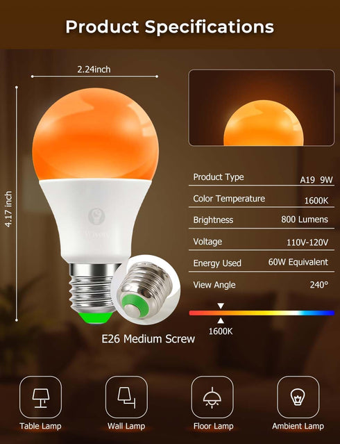 Bulbs 1600K E26 A19, 9W (4 Packs) Amber Sleep Light with Remote Control, Blue Light Blocking for Sleep Therapy, Baby