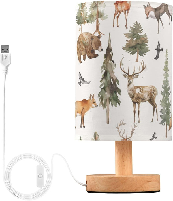 YYZZH Table Lamp Watercolor Animal Forest Tree Deer Fox Bear Nightstand Lamp with