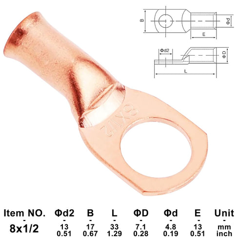 5PCS Heavy Duty Battery Lugs, 8AWG 1/2in M12 Battery Cable Ends Ring Terminals Connectors