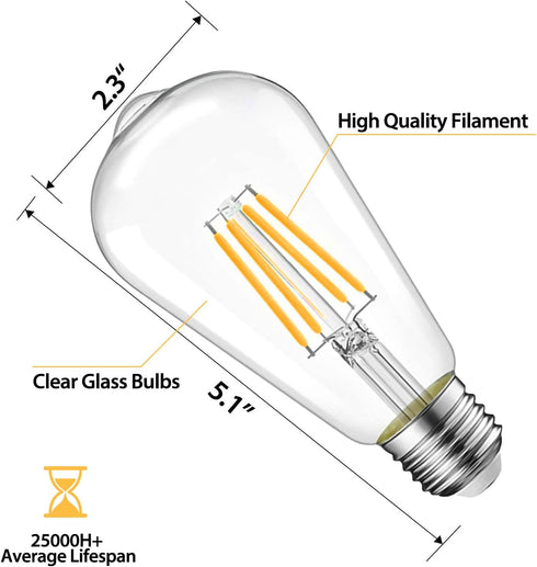 6 Packs ST58 LED Edison Bulbs, 4 Watt Vintage Light Bulbs Equivalent to 40 Watts, 2700K Warm White Antique Decorative Light Bulbs, 90+ CRI, 480 Lumens E26 Base LED Bulbs, Clear Glass, Dimmable by CXLHO