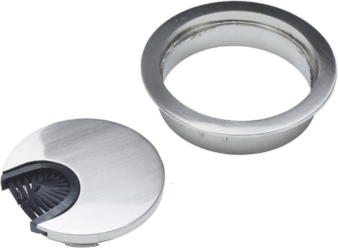 Satin Nickel Metal Cable Grommet | 2 Piece with "Lock in" Feature and "Brush" Opening for Desk Wires | 60mm Hole Opening